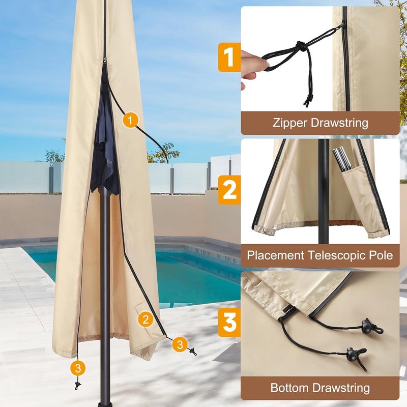 AckMizz Patio Umbrella Cover - Outdoor Umbrella Covers with Folding Rod, Waterproof Oxford, Parasol Cover for 7.5ft 8ft 9ft 10ft 11ft Round Table Umbrella (Beige) - Image 4